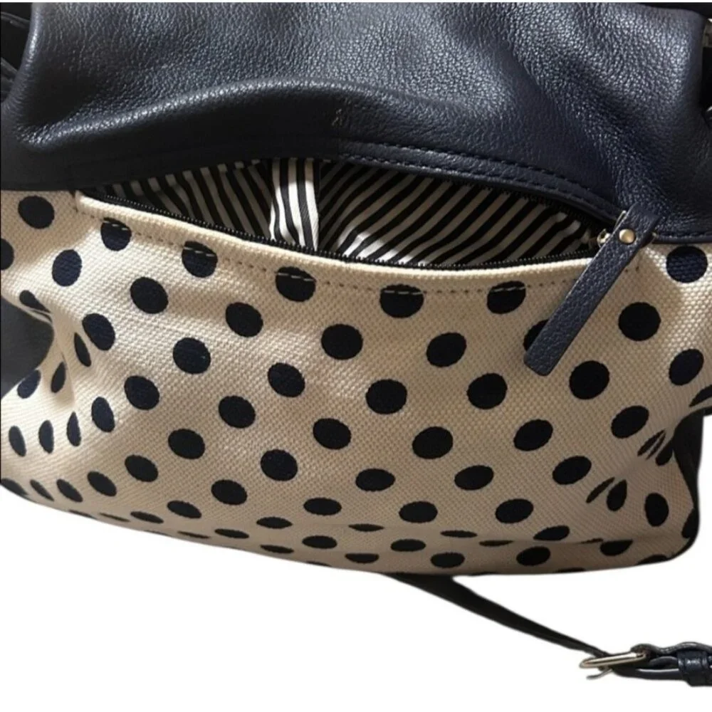 Kate‎ Spade Leather & Canvas Navy Blue And Cream White Polka Dot Shoulder Bag